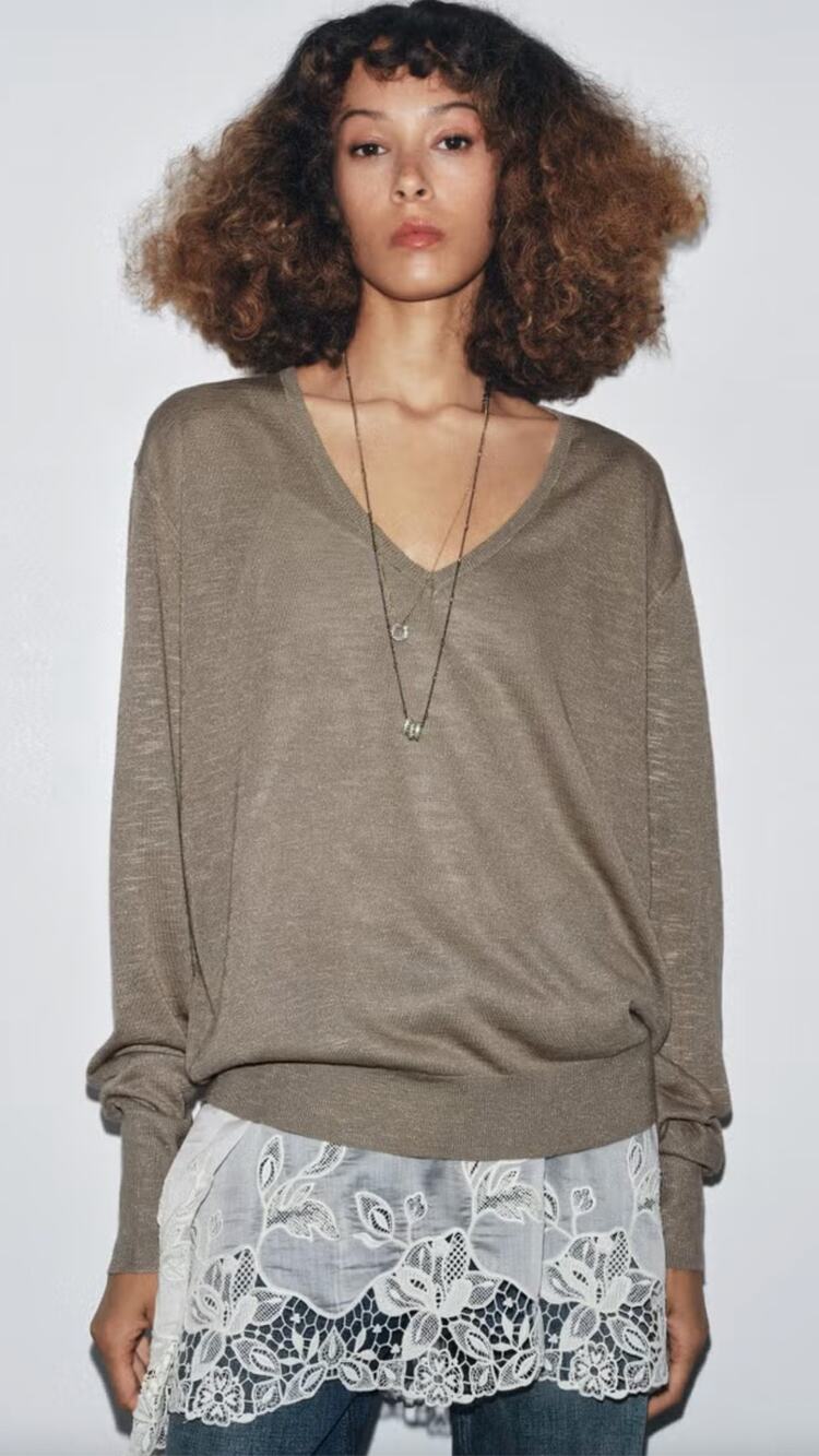 Zara Double Layer Combined Knit V Neck Sweater Womens Size Medium New